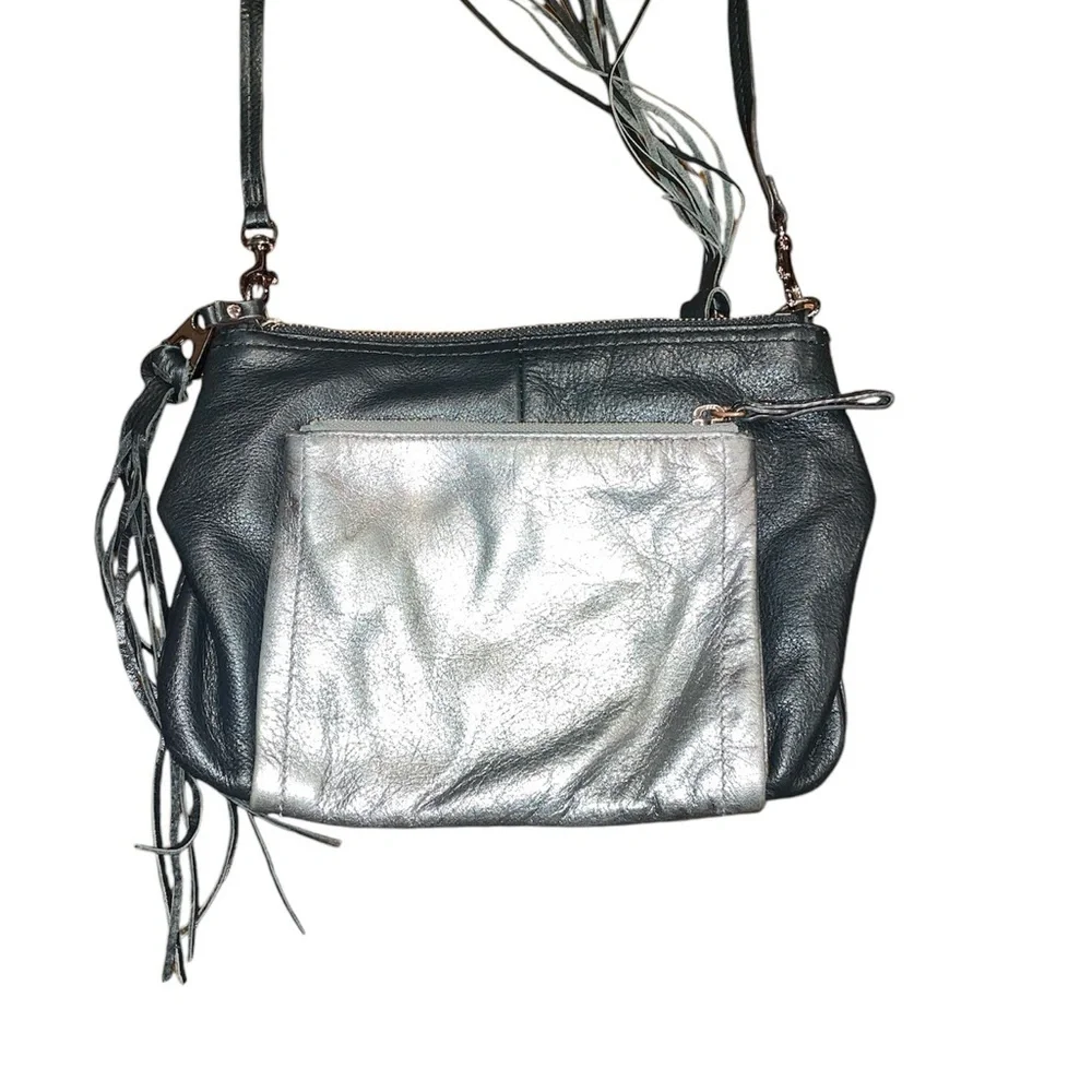 B. Makowsky Leather Convertible Black Silver Bag Detachable Strap P 10 - Picture 2 of 7
